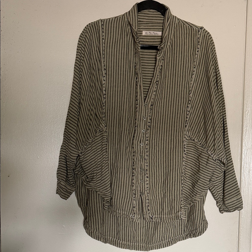 We The Free by Free People M Green and Black Striped Button-Front Blouse